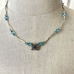 Blue Swarovski flower sterling silver necklace